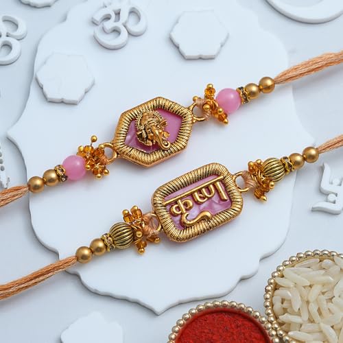 Image of eCraftIndia Lord Ganesha Krishna Designer Rakhi Set of 2 | Rakhi for Brother Bhaiya Bhai with Best Bro Ever Fridge Magnet | Roli Chawal Pack