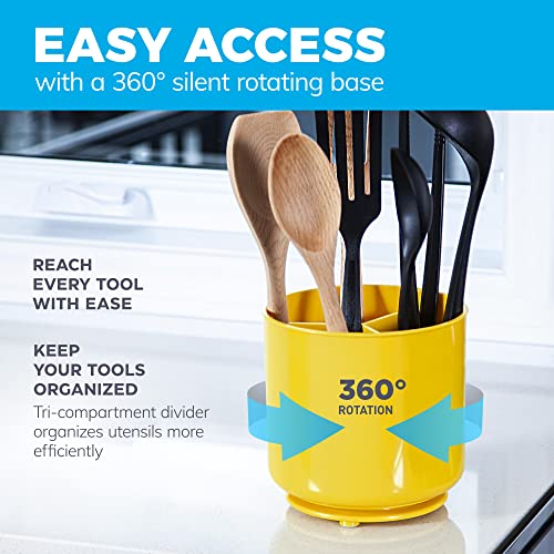 Image of Cooler Kitchen Extra Large Rotating Utensil Holder Caddy with Sturdy No-Tip Weighted Base, Removable Divider, and Gripped Insert: Yellow | Rust Proof Plastic and Dishwasher Safe 7*7 inches