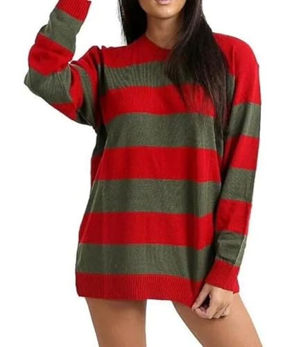 ANZEE Ladies Freddy Style Red and Green Stripe Knitted Jumper - Womens Halloween Fancy Dress Party Top - Unisex Long Sleeve Casual Winter Sweatshirt Sweater (UK, Numeric, 8, 14, Freddy Krueger Short)