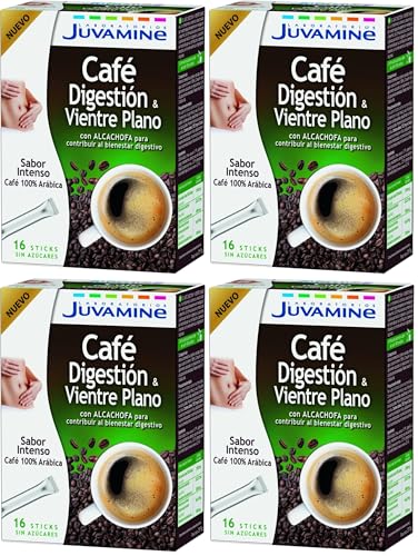 JUVAMINE - Café Vientre Plano y Digestión - Sticks Café 100% Arábica - Sabor Intenso - Tueste Medio - Con Alcachofa - Bienestar Digestivo y Vientre Plano - 16 sticks (Paquete de 4)