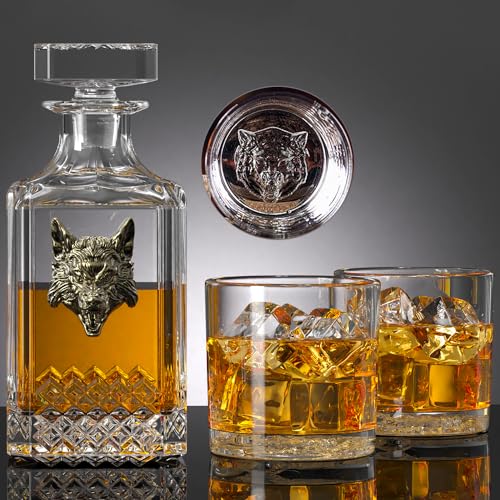 Kit Town HS-US-WDS-ANIMALS Whiskey Decanter Set With 2 Glasses,Creative Whiskey Decanter With Vintage Metal Head,25Oz Liquor Decanter Glass Whiskey Decanter cover