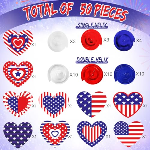 Image of Marspark 50 Pack Patriotic Foil Hanging Swirl 4th of July Office Decoration Red White and Blue Decor American Flag Star Ceiling Hanging Decor for 250th Aniversary Independence Day Home(Heart Style)