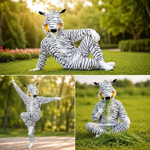 Image of kids zebra Animal Costume !Hooded fancy Dress Jamsuit For Boy & Girls ! Halloween Birthday & School Party Outfit ! Toddlers & Chidran Age 2-10 Yrs