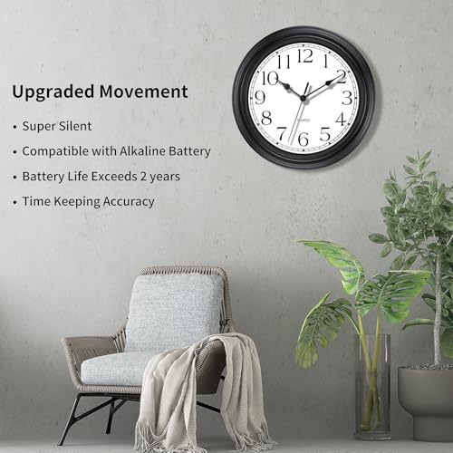Image of Foxtop Silent Non-Ticking Round Classic Clock Retro Quartz Decorative Battery Operated Wall Clock for Living Room Kitchen Home Office (12 Inch, Black)