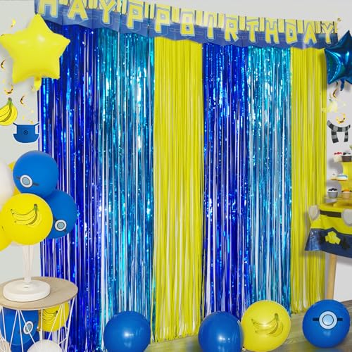 Image of Yellow Jeans Cartoon Themed Birthday Party Decoration, 4 Pack Big Eyes Party Photo Booth Prop, Yellow Jeans Fringe Curtains Tinsel Photo Streamers Backdrop for Cartoon Party Supplies