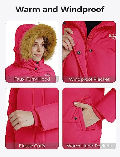 Wantdo Little Kid Girl's Long Winter Coat Wear Resistant Fleece Quilted Down Jacket Hooded Parka Rose Red 6-7 #TOP5