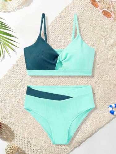 Image of Girls Swimsuit Color Block Twist Bathing Bikini Suit Adjustable Straps Girls 2 Piece Swimsuit 7-14 Years