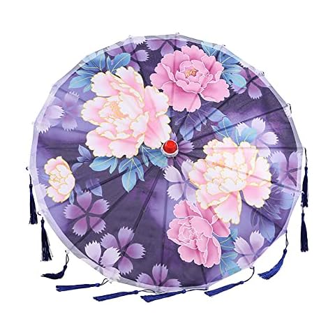 22.8'' Rainproof Oiled Paper Umbrella Chinese Soild Wood Sapphire Tassel Photographic Performance Dance Umbrella Cover