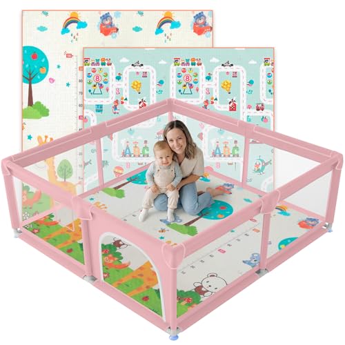 JUPPLIES Parque Infantil Bebe 120x120cm + Alfombra Bebe – Corralito Bebe con Malla Transpirable – Parque de Juegos Bebe Plegable con Puerta Lateral – Playpen Bebe - Rosa