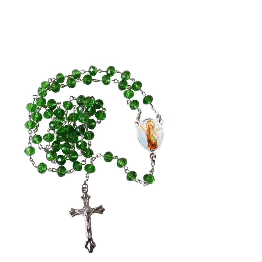 San Pancracio Saint Pancras Patron to Obtain Employment Green Quartz Cristal Faceted Rondelle 8mm Beads Rosary with Silver Plated Crucifix and Medal Centerpiece Includes a Prayer Card
