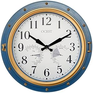 OCEST Tuinklokken van 16 inch voor buiten, waterdicht, grote thermometer, hygrometer, retro ontwerp, niet-tikkend, werkt op batterijen voor huisdecoratie, terras (blauw)