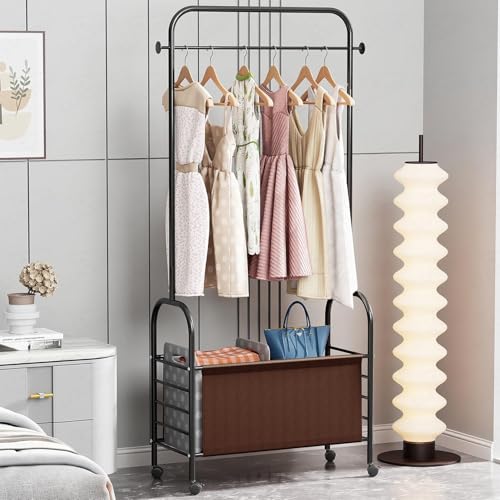 Image of Lukzer| MGR-009 | Black | Metal Clothes Rail Stand with 360 Rotating Wheels, 4 Side Hooks & Leather Storage Bin - Space-Saving Garment Organizer for Bedroom, Closet, Laundry & Dorm (171 x 75 x 35 cm)