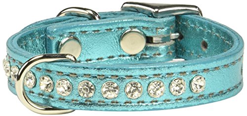 Image of Signature Leather Crystal Dog Collar, Metallic Turquoise Solid Grain Leather, Fits 6 inch-8 inch Neck Size, 10 inch Overall Length