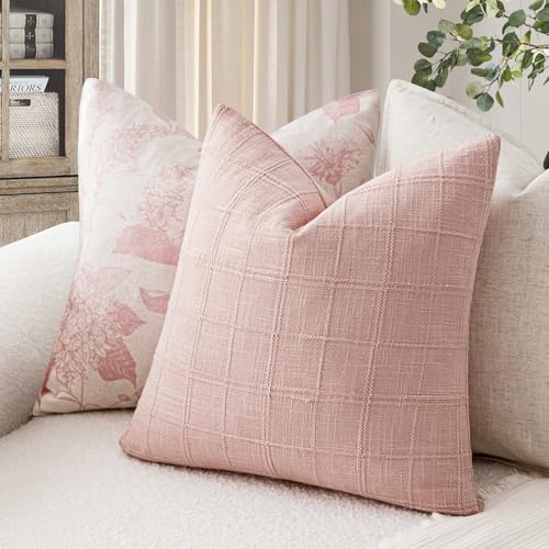 Image of Foindtower Set of 1 Decorative Linen Check Throw Pillow Cover Neutral Farmhouse Vintage Cushion Cover Modern Coastal Boho Accent Home Decor for Sofa Chair Couch Bed Living Room,18x18 Inch,Light Pink