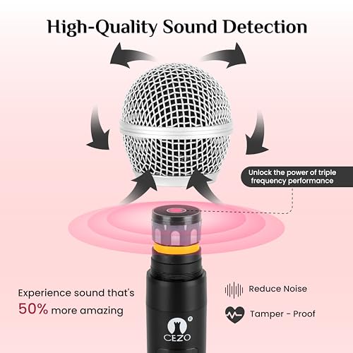 Image of CEZO Wireless Microphone Dual UHF Dynamic Handheld Wireless Microphone System for iPhone, Computer, Karaoke, Conference, DJ, Vocal Recording, Singing, Church, on Stage Performance, Party Events