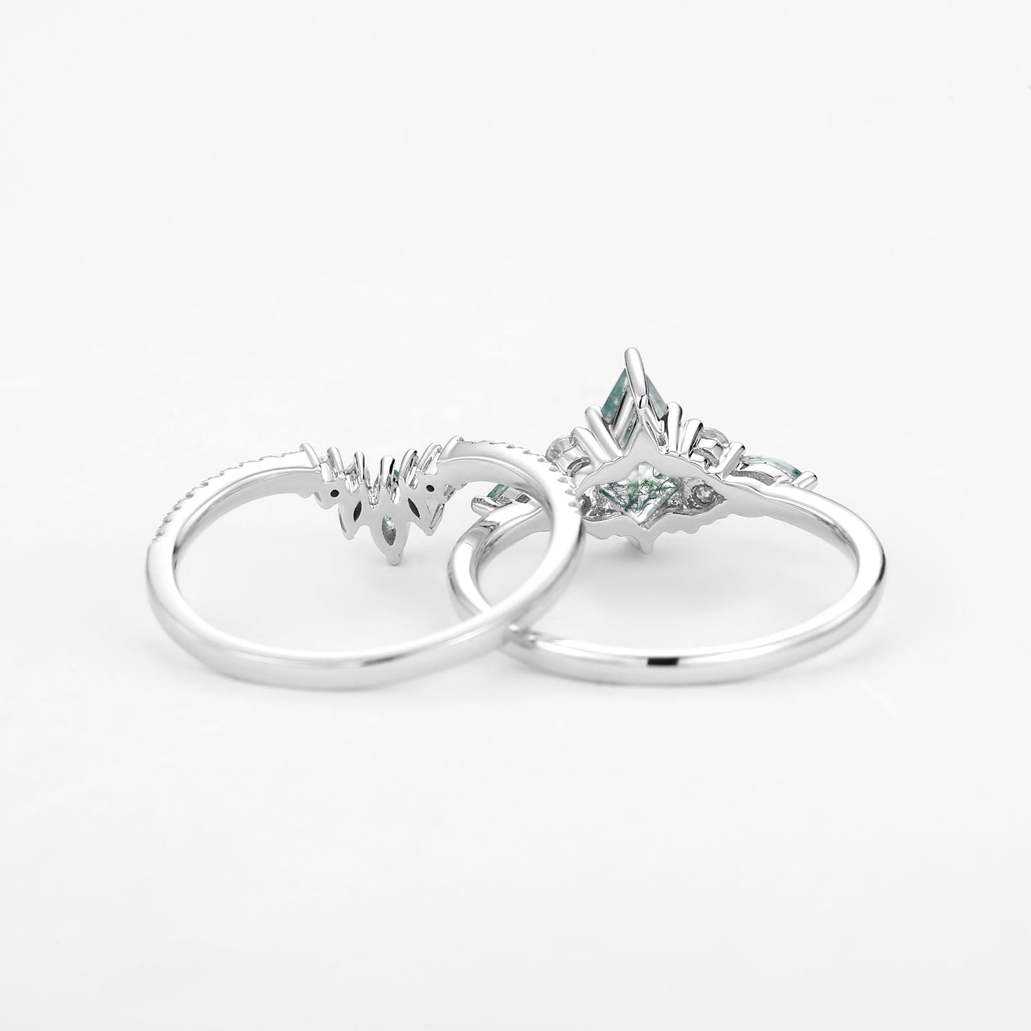 1.5 Carat Moss Agate Wedding Ring Set for Women - Kite Cut Moss Agate Bridal Sets Wedding Rings White Yellow Rose 10K 14K 18K Gold Vintage Promise Anniversary Ring Set - Image 4