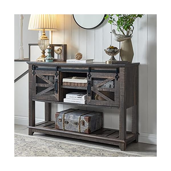OKD Entryway Table w/Sliding Barn Doors, 46'' Farmhouse & Industrial Console Table with Storage, Rustic Sofa Table w/Adjustable Shelf & Open Shelf for Entry Way, Hallway, Living Room, Dark Rustic Oak