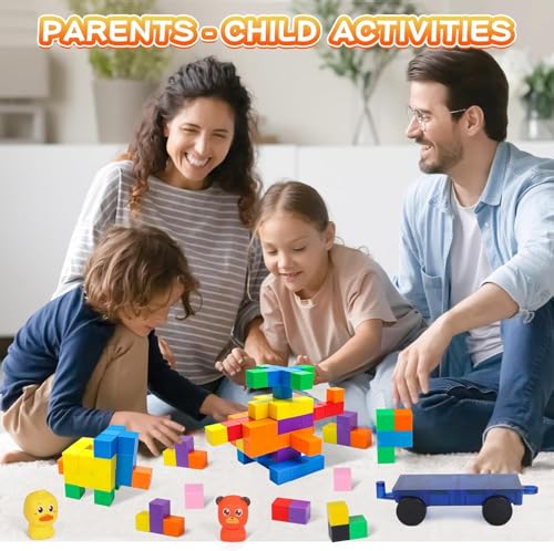LONEEDY 60-Pack Magnetic Building Block Set with Animal Figures & Magnetic Cart - Magnet Constructions Cubes Educational STEM Toy for Kids 3-8 Years (Color Mixing-60PCS) - image 7