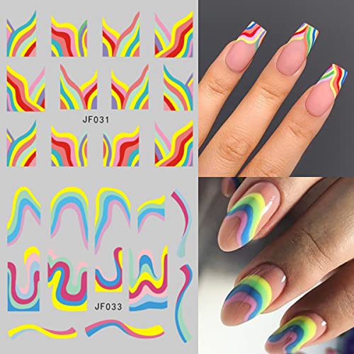 12 Sheets Colorful Nail Stickers Water Transfer Nail Design French Nail Art Stickers Supplies Rainbow Slider French Nail Decals For Women Girls Diy Manicure Decoration #TOP3