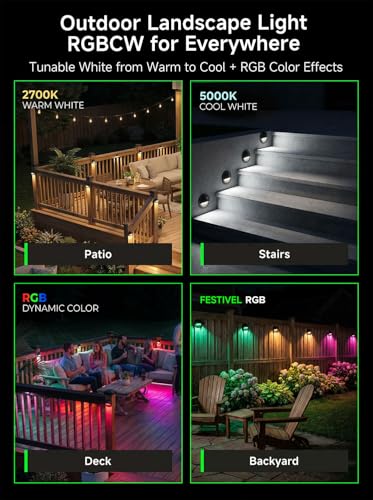 Image of Low Voltage RGBCW Black Deck Light, 12V Bluetooth Mesh Smart Outdoor Landscape Lighting with App & Remote Control, Replaceable G4 Bulb, IP65 Waterproof Aluminum for Step Stair Fence, 1 Pack