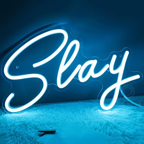 Image of SYLHOME Slay Blue LED Neon Light Sign Cool Boys Girls Preppy Bedroom Game Play Room Desk Wall Decor Sign Club Pub Bar Man Cave Game Center Birthday Decoration USB Night Light 11.8 inch X 8 inch