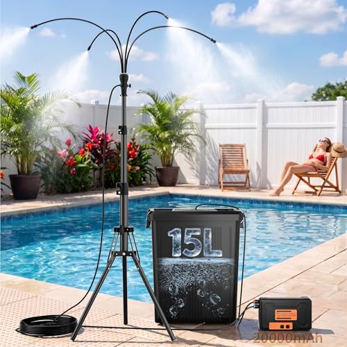 WESTTREE Standing Misters for Outside Patio 4 Gallon Large Bucket Water Mister & Pump 4+4 Spray Modes Adjustable Height15FT Patio Portable Misters for Cooling Outdoor Camping Pool Backyard Garden