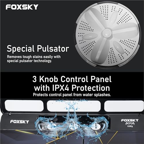 Image of Foxsky 8.0 kg 5 Star Semi-Automatic Top Loading Washing Machine Appliance (2024 Model, Powerful Motor, Effective Wash Pulsator, 1450 RPM & Castors)