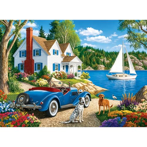Rompecabezas de 500 piezas para adultos: paisaje lacustre con montañas, cabaña y auto clásico azul; rompecabezas jigsaw con perro y cachorro, ideal para adolescentes, adultos y mayores miniatura 1