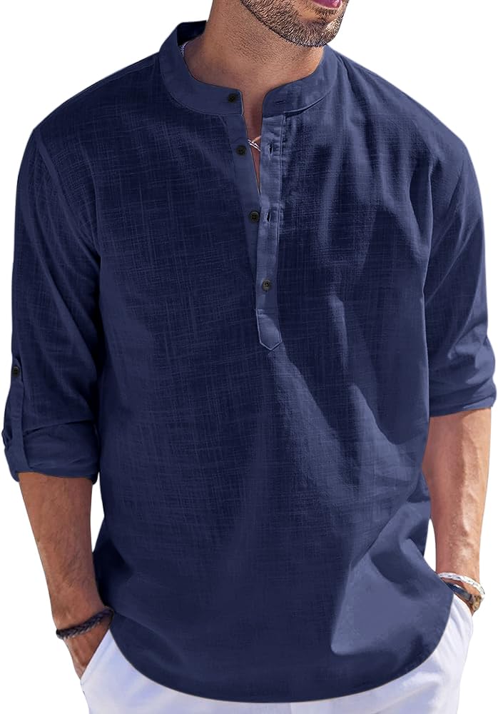 HEMRIN Men's Kurta Shirt, Solid Color, Cotton Blend, Straight, navy, M