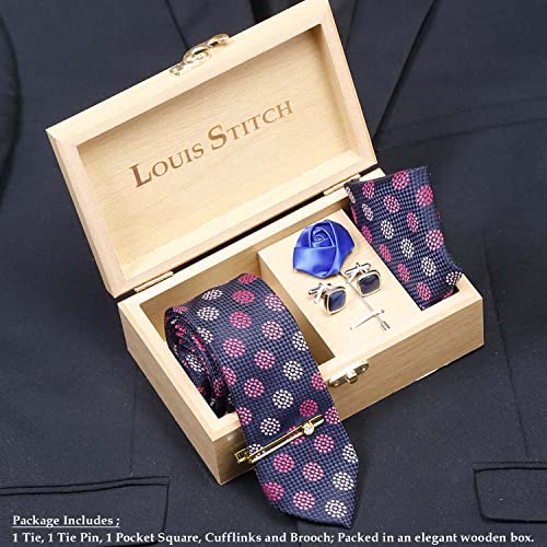 Image of LOUIS STITCH Mens Silk NeckTie Golden Tiepin Gift Combo Set With Pocket Square Cufflinks Brooch Tie Golden Tiepin (Suit Accessories) (Britain)