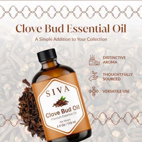 Image of Siva Clove Bud Essential Oil, Glass Bottle with Dropper, 4 Fl Oz (118 ml) | Clove Bud Oil for Diffuser, Humidifier, Home Fragrance, Oral Care, Body Massage, Soap Making, Candle Making & DIY Projects