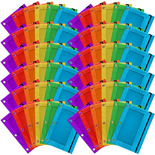 V-Opitos 72 Packs Pencil Pouch For 3 Ring Binder, Bulk 3-Holes Zipper Pencil Pouches In Assorted Colors, Sturdy And Durable Cloth Pencil Case With Clear Window For Office School College Supplies #TOP18