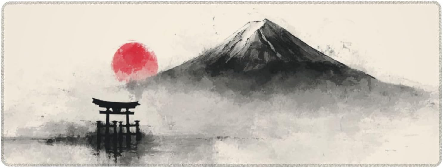 Gaming Mouse Pad Japanese Art Ink Mountain Non-Slip Rubber Base Extended Mousepad with Stitched Edges Keyboard Computer Laptop Mat for Gamer Desktop Office Home 31.5 x 11.8 in