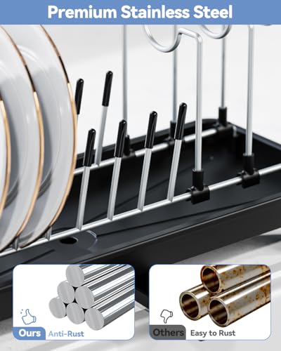 LIONONLY Small Dish Drainer with Drip Tray,Compact Dish Drying Rack for Kitchen Counter,Stainless Steel Sink Drainer with Utensil Holder,Swivel Drainage Spout,Space Saving Plate Rack - Image 4