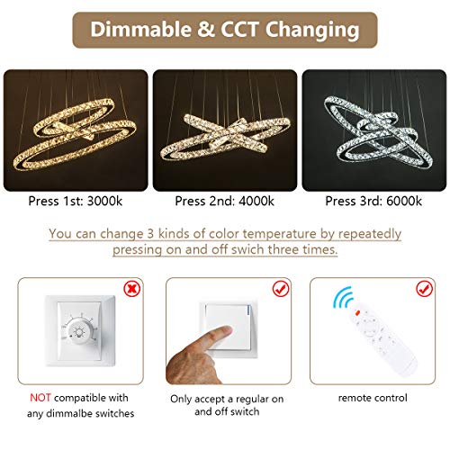 Kkmywan Modern Crystal Chandelier Dimmable 3 Ring Led Chandelier Round Pendant Light Fixture With Remote Ceiling Hanging Light For Dining Room Living Room,Color Changeable 23.62”+15.75”+7.87” #TOP1