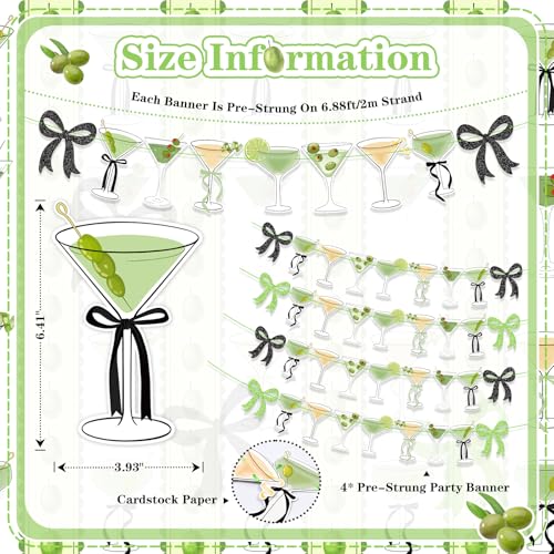 Image of 4Pcs Green Black Martini Bow Party Banner Garland, Pre Strung Martini Glasses Banner, Girls Martini Birthday Decorations, Martini Bachelorette Bridal Shower Tini Bar Party Decor