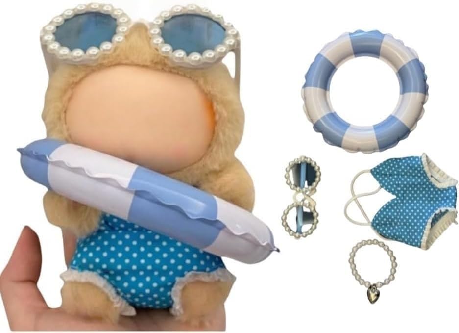 Stylish Summer Beach Clothes Set Suitable for Labubu 17cm/15cm – Fashion Outfit(Doll Not Included) (Blue Swimsuit+Swim Ring+Necklace+Glasses)
