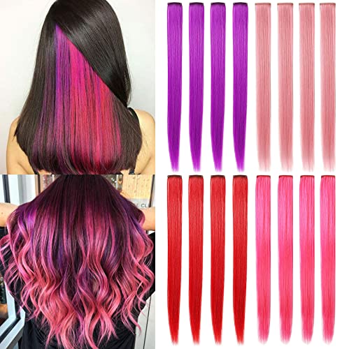 Sararhy 16 Pcs 21” Colored Hair Extensions,Colourful Clip On/In Hair Extensions Party Highlights Colored Synthetic Straight Hairpieces For Girls Woman (Smoke Pink,Pink,Purple,Red) #TOP7