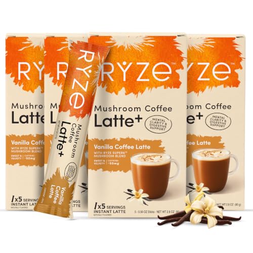 RYZE Mushroom Coffee Latte+ Vanilla Coffee Latte, 20 Servings