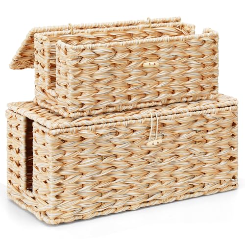 Posprica Cable Management Box with Lid, 2 Pack Handwoven 𝐅𝐚𝐮𝐱 𝐑𝐚𝐭...