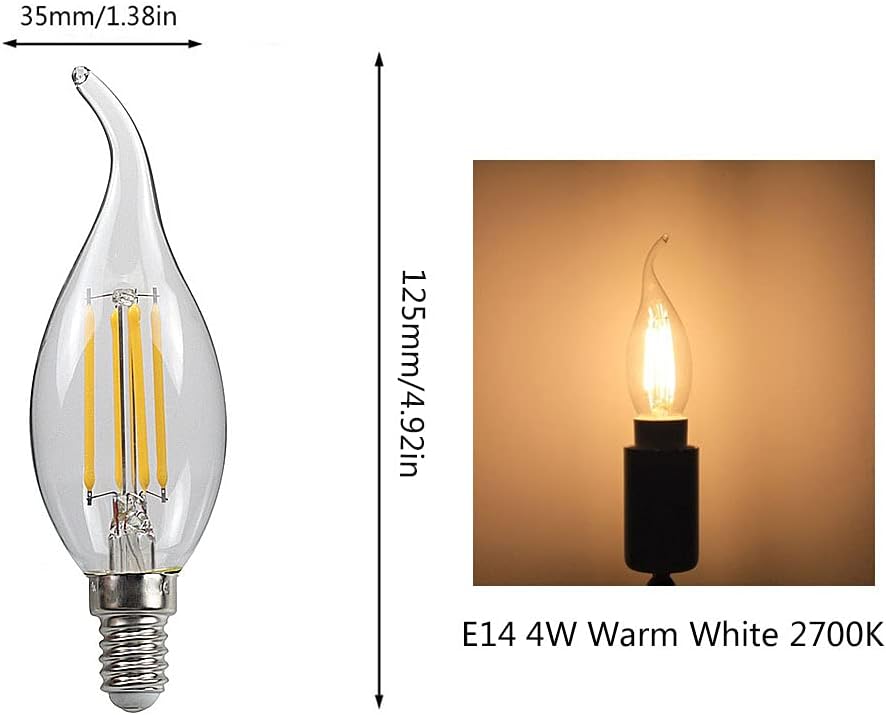 ZYUJIA 10 Packs 4W E14 LED Candle Bulb(Equivalent to 40W) 400LM Not-Dimmable C35 LED Filament Light Bulb,2700K Warm White Vintage Filament Energy Saving Candelabra Lamp,360 Beam Angle - Image 4
