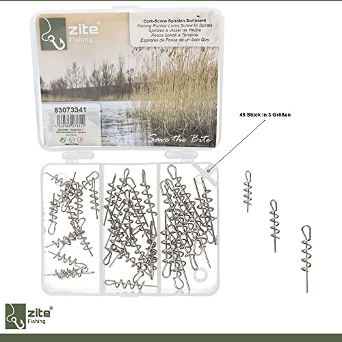 Zite Fishing Cork-Screw Spiralen Set – 45 Stück 3 Größen in Sortierbox – Kunstköder Angel-Zubehör Gummifisch-Angeln… – Bild 3