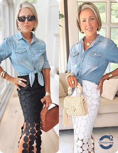 Omoone Women's 3/4 Sleeve Modern Denim Crop Top Tie Knot Shirt Cardigan (0774-Light Blue-S) - Thumbnail 3
