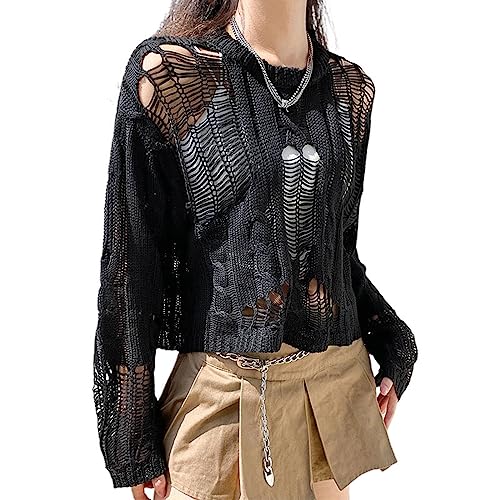 Image of Women Gothic Sweater Hollow Out Ripped Knit Pullover Punk Hole Sexy Slim Fit Cutout Long Sleeve T Shirts Top