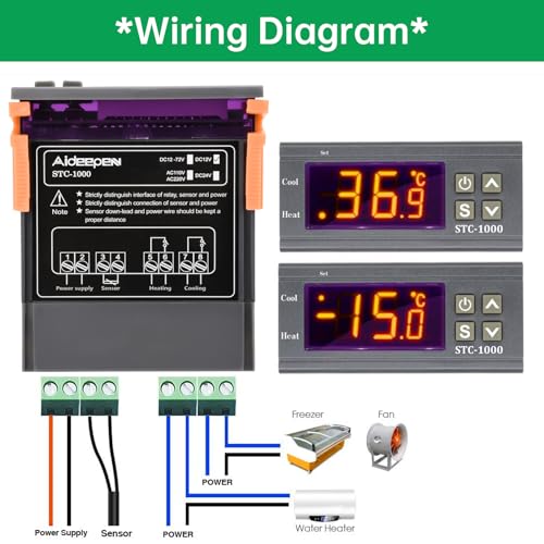 Aideepen Digital Temperaturregler, STC-1000 DC 12V 10A Thermostat Kontrollschalter 2 Relais Ausgang mit NTC 10K Sensoren fur Heizen und Kühlen