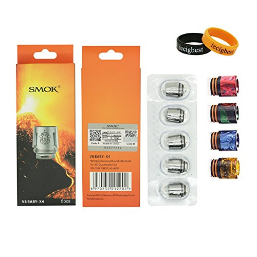 Smok TFV8 Baby X4 Lot de 5 vaporisateurs 0,15 Ohm avec 2 anneaux en silicone Couleur aléatoire
