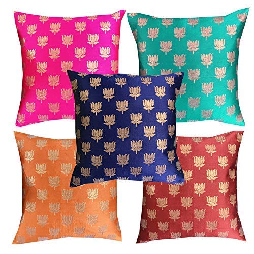 Pink parrot- Jacquard dopian Silk Multi Colour Cushion Cover 16x16 inch-Set 5 pcs