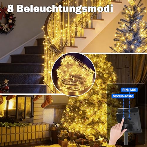 SOLARBABY Catena di luci a energia solare, per esterni, 4 x 20 m, 200 LED, resistente alle intemperie, 8 modalità, IP65, impermeabile, Natale, balcone, giardino, feste, multicolore - imagen 3