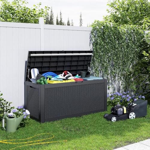 Image of 130 Gallon Outdoor Storage Box Waterproof, UV Resistant Resin Deck Box for Patio Furniture, Outside Storage Box for Garden Tools, Patio Cushions, Black