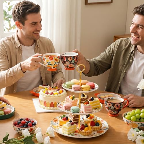 Taza grande de cerámica con tapa, 450 ml, diseño floral miniatura 2